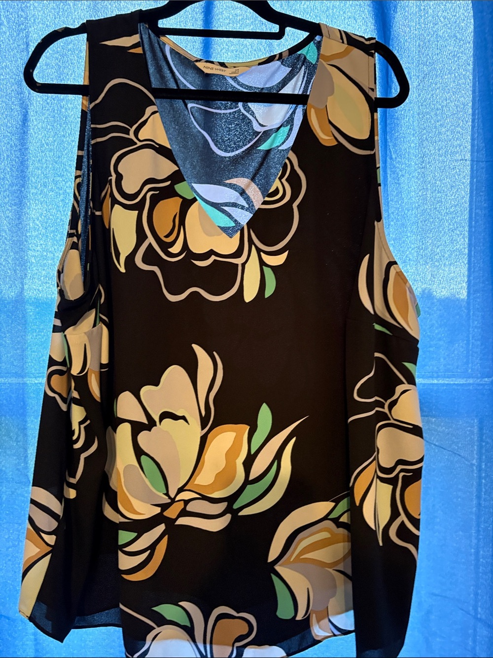 Nine West Black Floral V-Neck Tank Top with Yellow and Green Accents